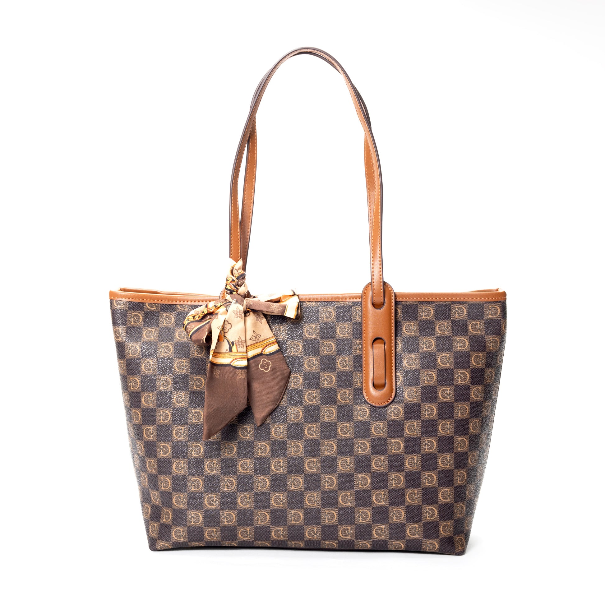 Miss Caprice Signature Tote with Scarf features a brown pattern, tan handles, and a chic decorative scarf.