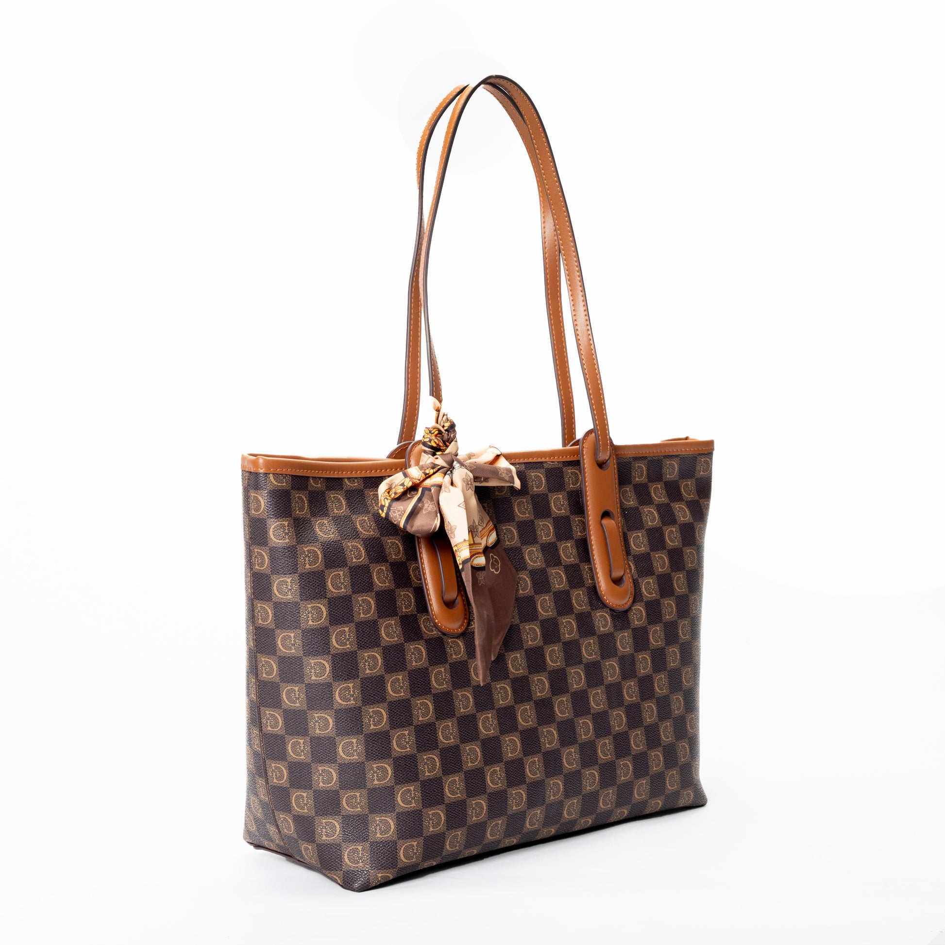 Miss Caprice Signature Tote with Scarf features brown patterns, tan handles, shown on a white background.