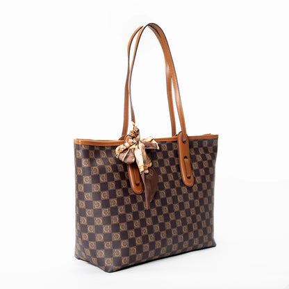 Miss Caprice Signature Tote with Scarf features brown patterns, tan handles, shown on a white background.
