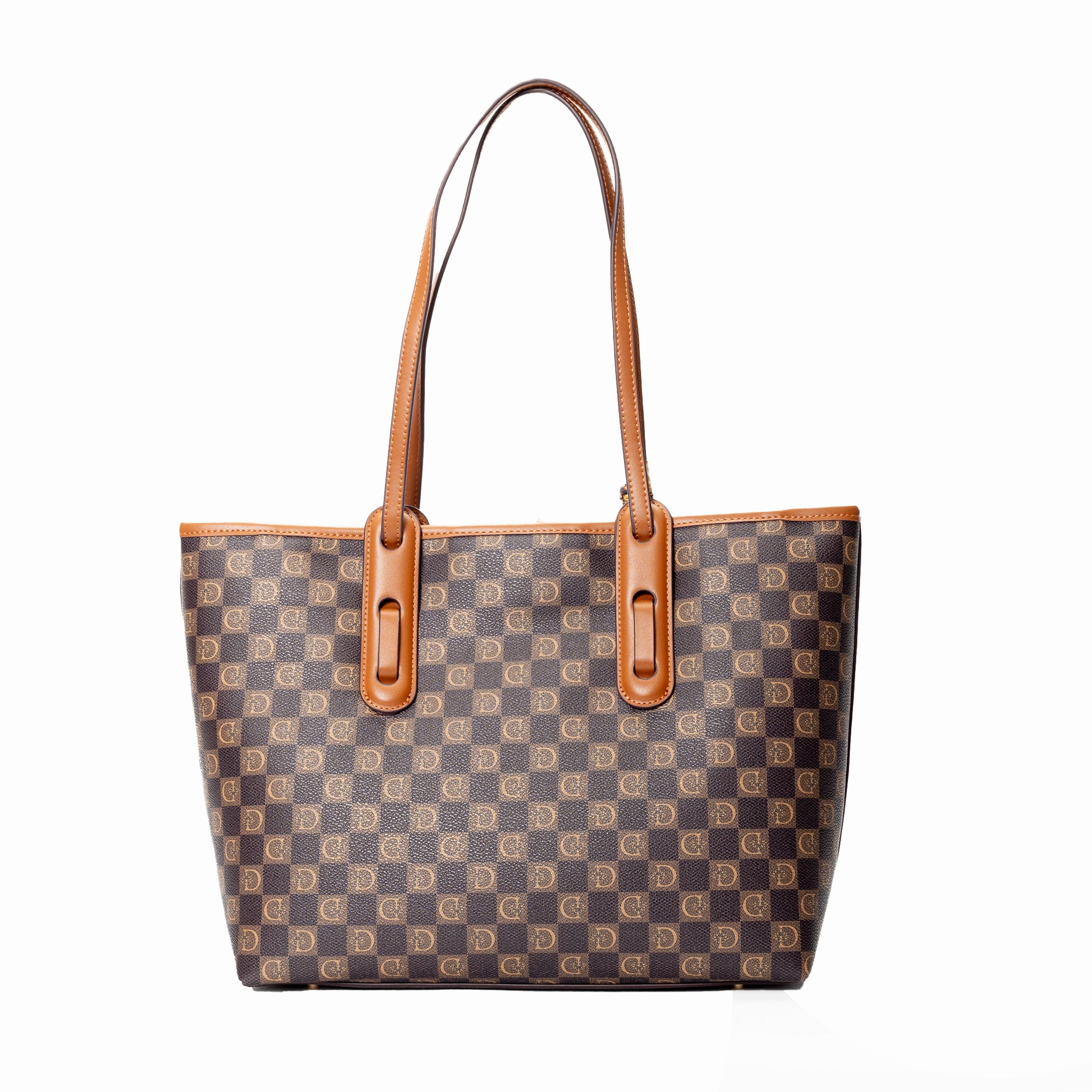 Miss Caprice Signature Tote with Scarf, featuring brown patterns and tan leather straps on a white background.