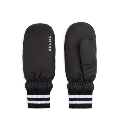 Brume Chilko Mitt: black mittens with HEAT-MX insulation, white-striped cuffs, and "BRUME" on one mitten.