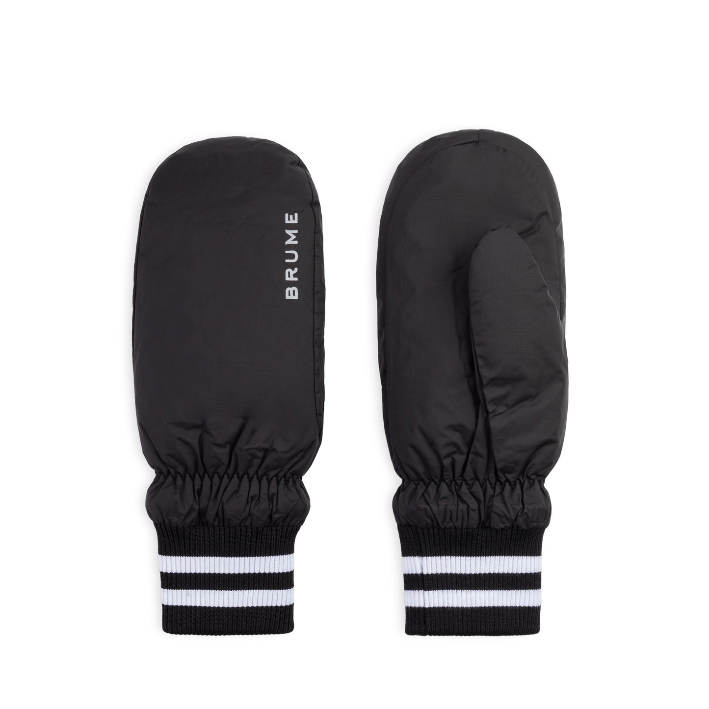 Brume Chilko Mitt: black mittens with HEAT-MX insulation, white-striped cuffs, and "BRUME" on one mitten.