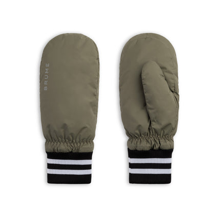 Brume Chilko Mitts by Brume in olive green with black and white striped cuffs, side by side on white background.