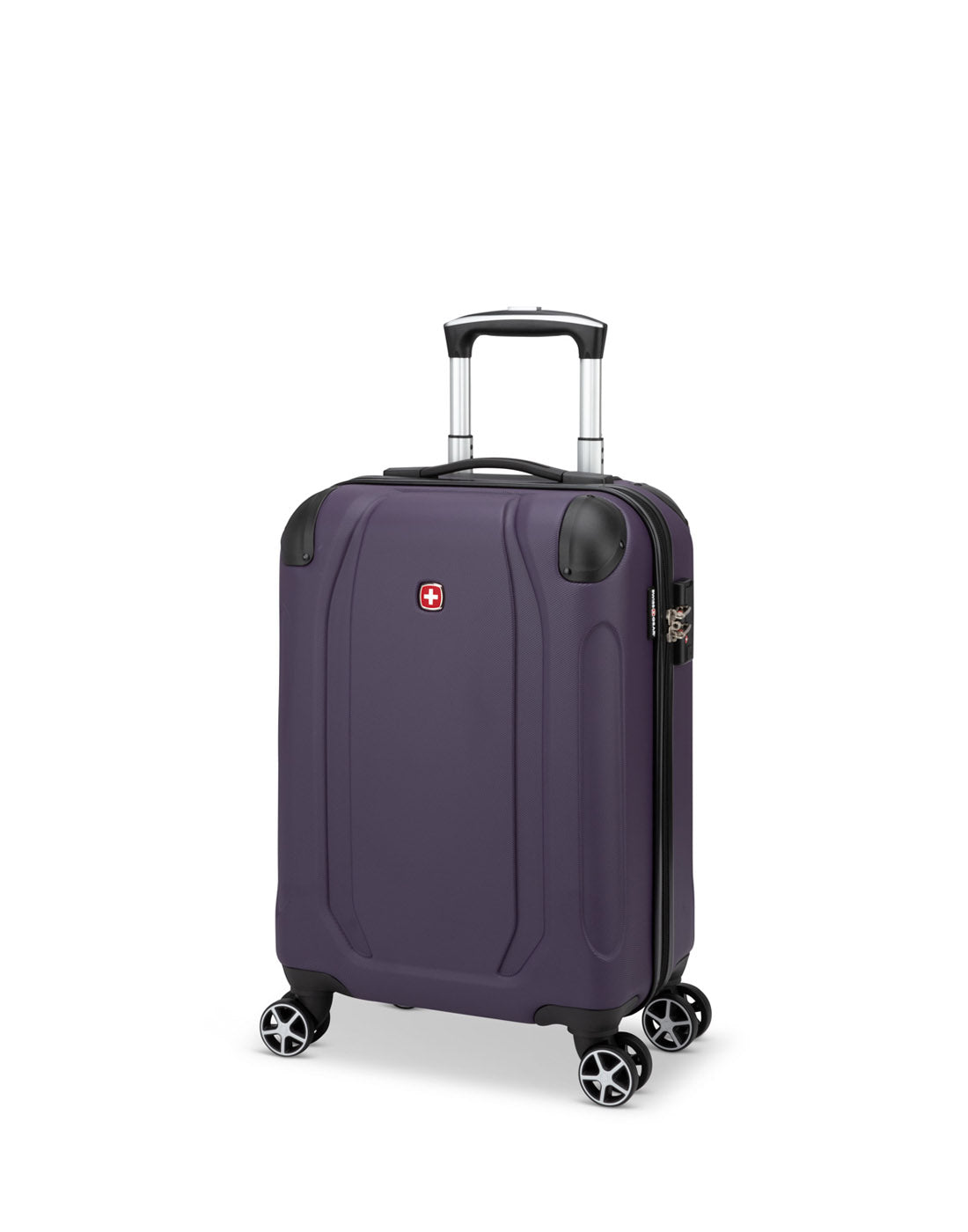 Swiss Gear Central Lite 19" Hardside Carry-on Spinner in plum with black corner bumpers, wheels, zipper and grab handle, front angled view