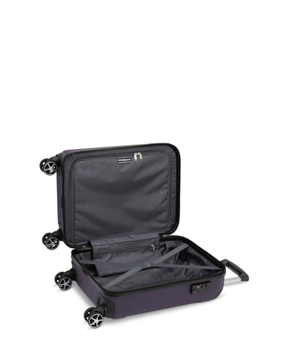 Swiss Gear Central Lite 19" Hardside Carry-on Spinner in plum, open view to black lined interior