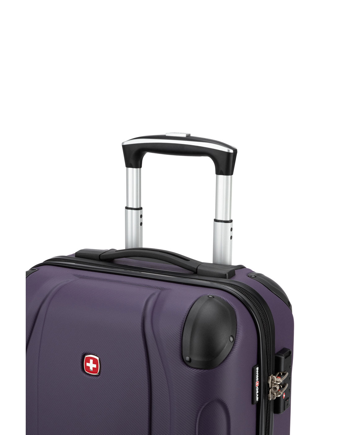 Close up of telescopic handle extended on Swiss Gear Central Lite 19" Hardside Carry-on Spinner in plum