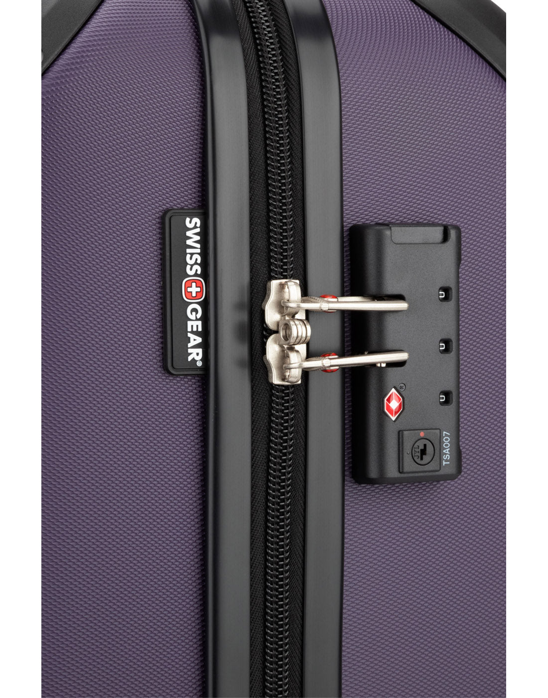 Close up of TSA lockable zipper pulls on Swiss Gear Central Lite 19" Hardside Carry-on Spinner in plum