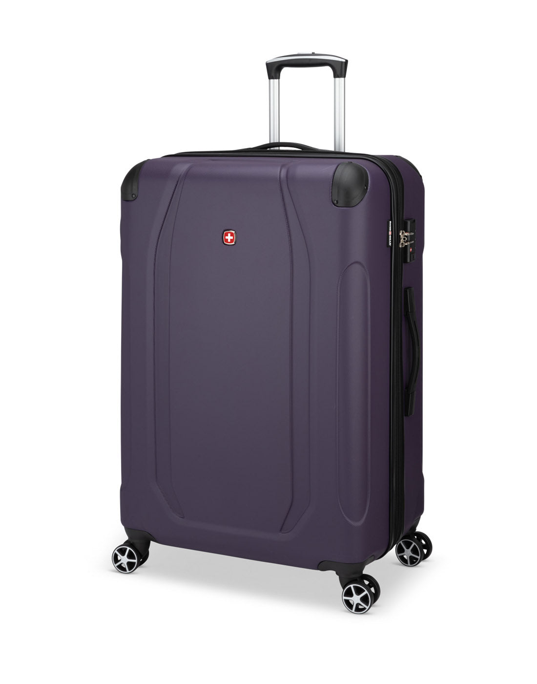 Swiss Gear Central Lite 28" Hardside Expandable Spinner in plum with black corner bumpers, zipper, wheels and grab handles, front angled view