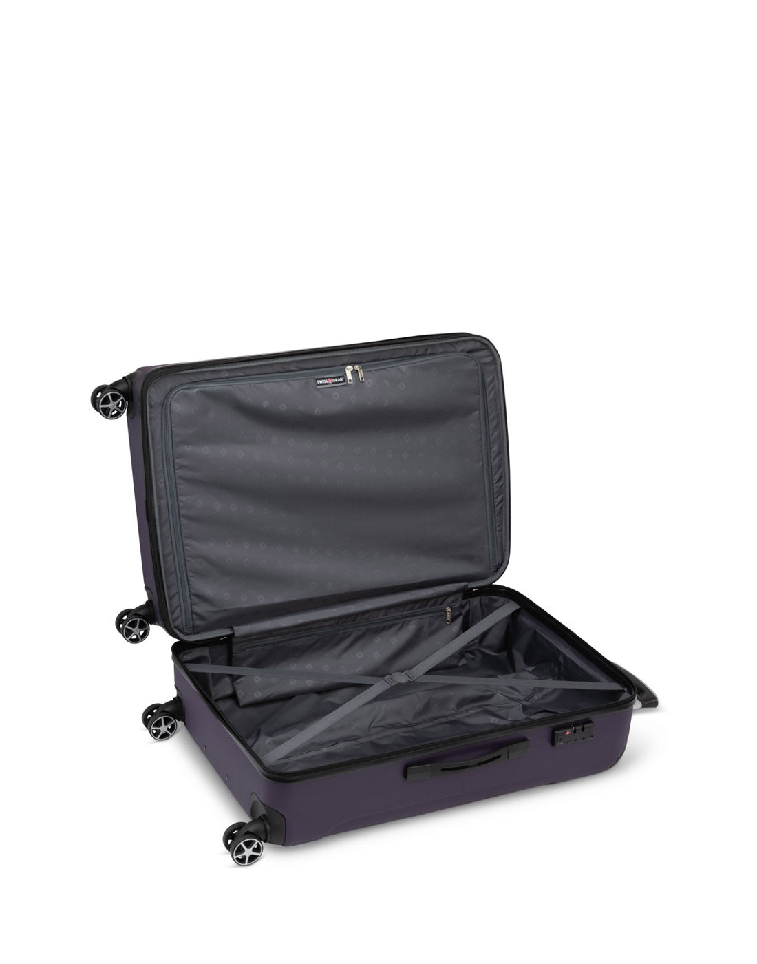 Swiss Gear Central Lite 28" Hardside Expandable Spinner in plum, open view to black lined interior