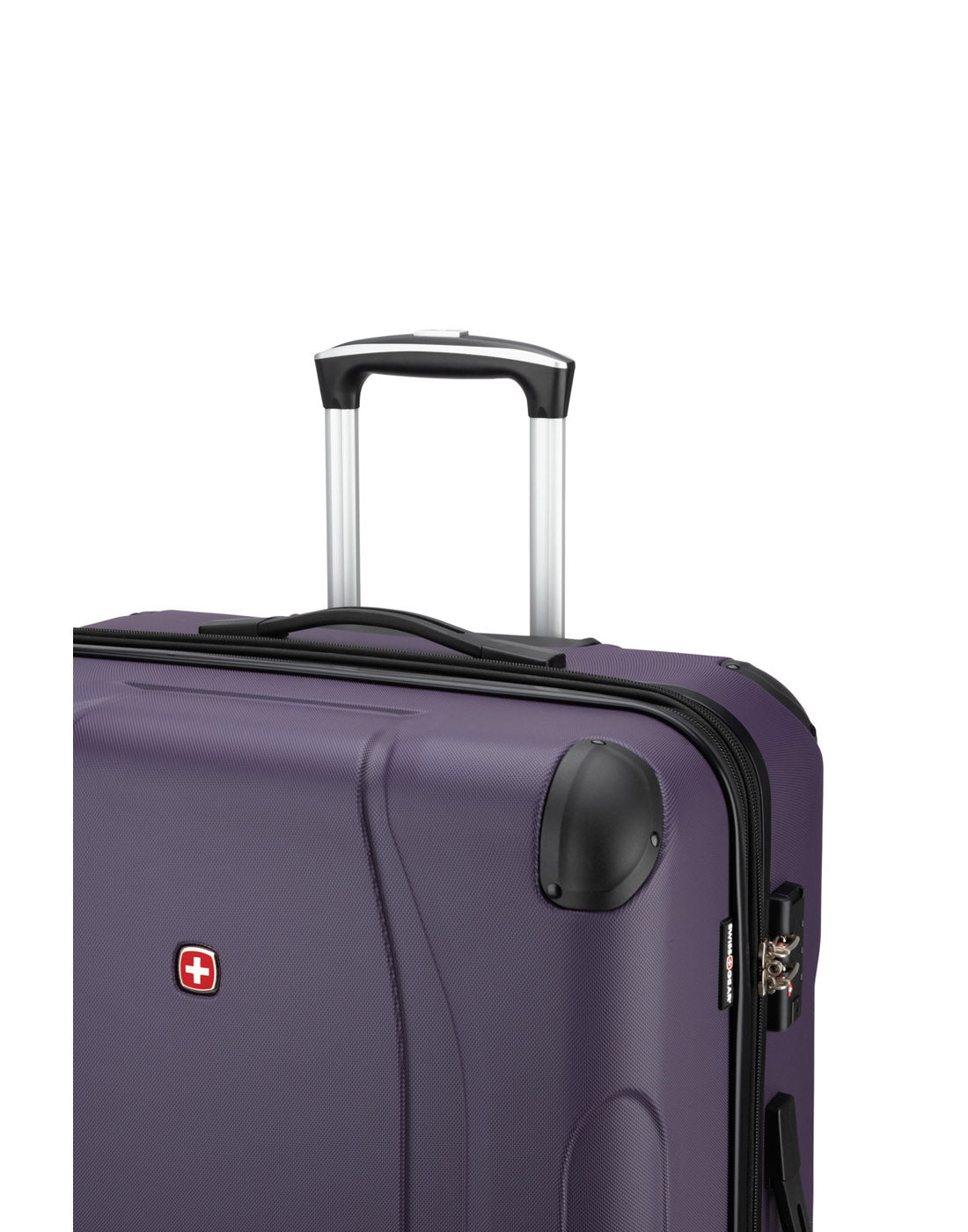 Close up of telescopic handle extended on Swiss Gear Central Lite 28" Hardside Expandable Spinner in plum