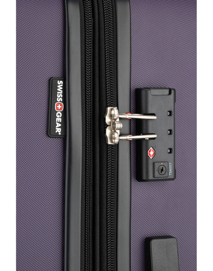 Close up of TSA lockable zippers on Swiss Gear Central Lite 28" Hardside Expandable Spinner in plum