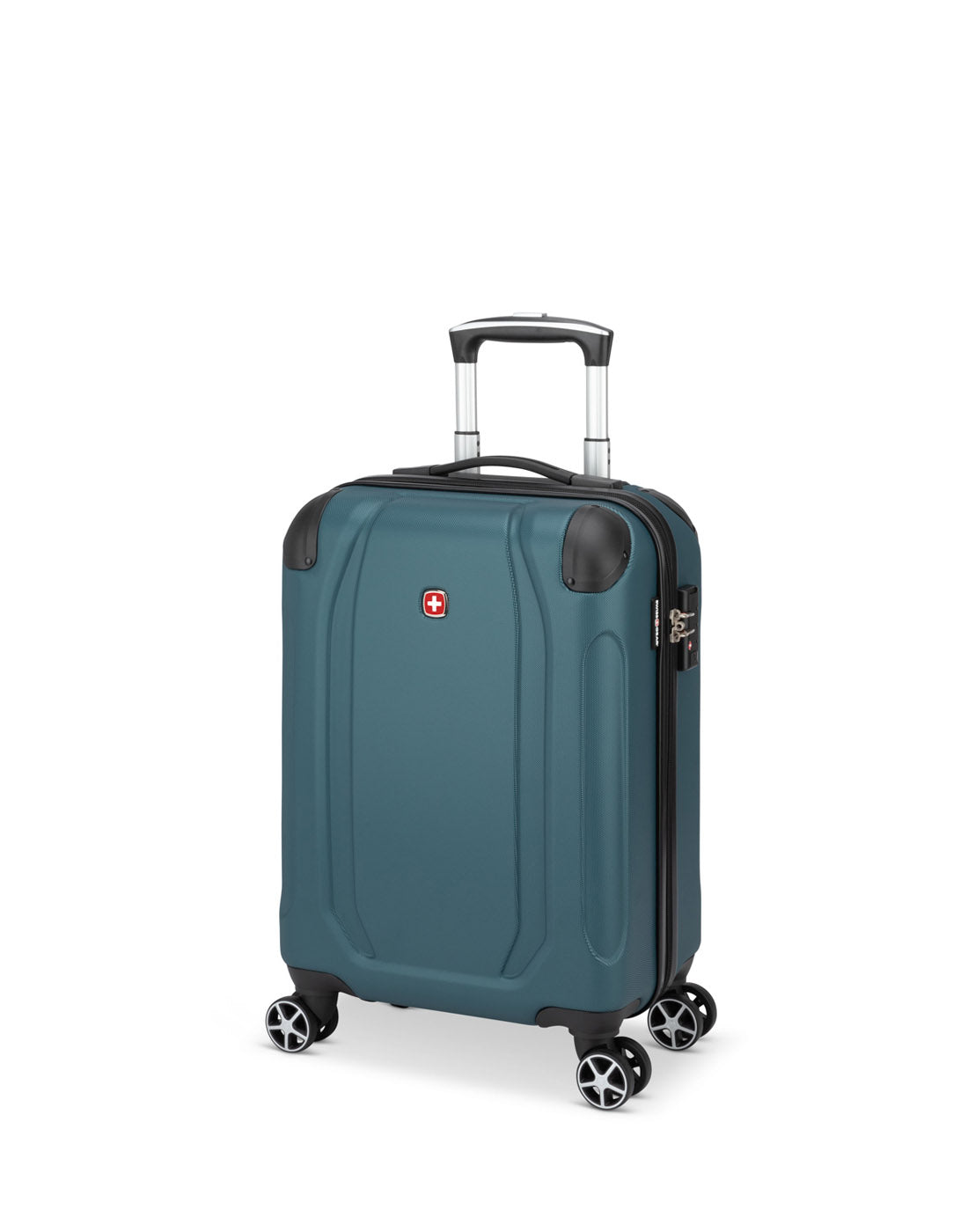 Swiss Gear Central Lite 19" Hardside Carry-on Spinner in teal with black corner bumpers, wheels, zipper and grab handle, front angled view