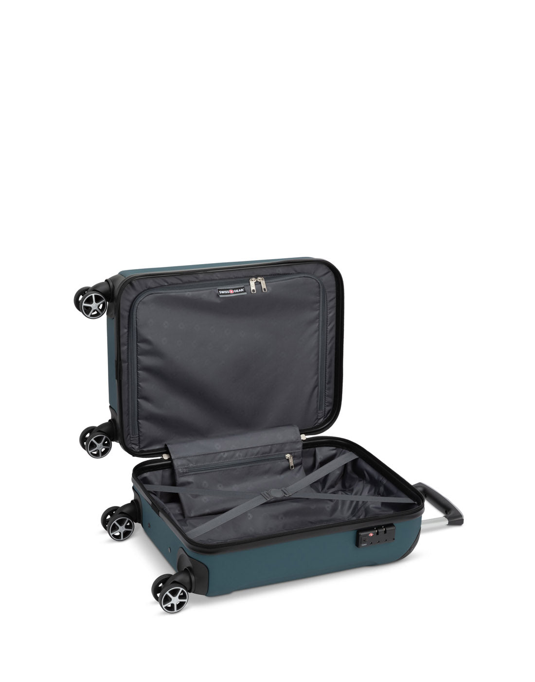 Swiss Gear Central Lite 19" Hardside Carry-on Spinner in teal, open view to black lined interior