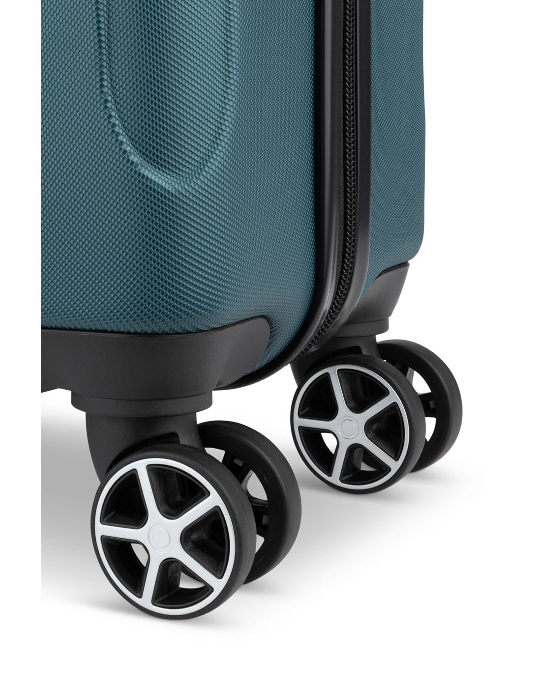 Close up of black spinner wheels on Swiss Gear Central Lite 19" Hardside Carry-on Spinner in teal