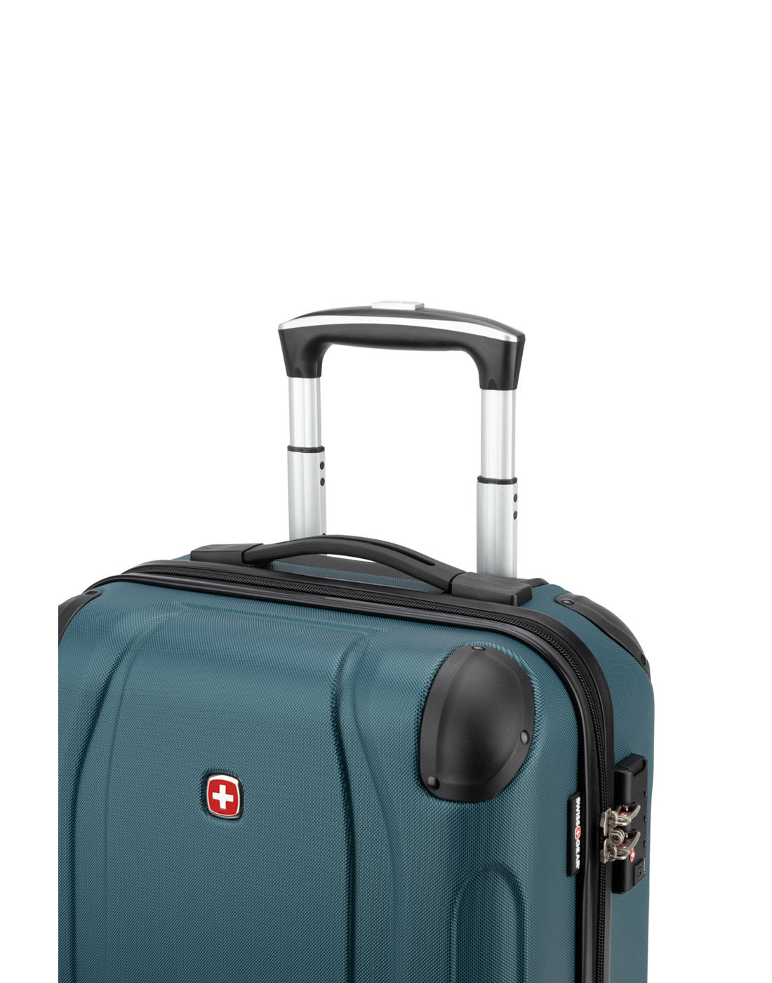 Close up of telescopic handle extended on Swiss Gear Central Lite 19" Hardside Carry-on Spinner in teal