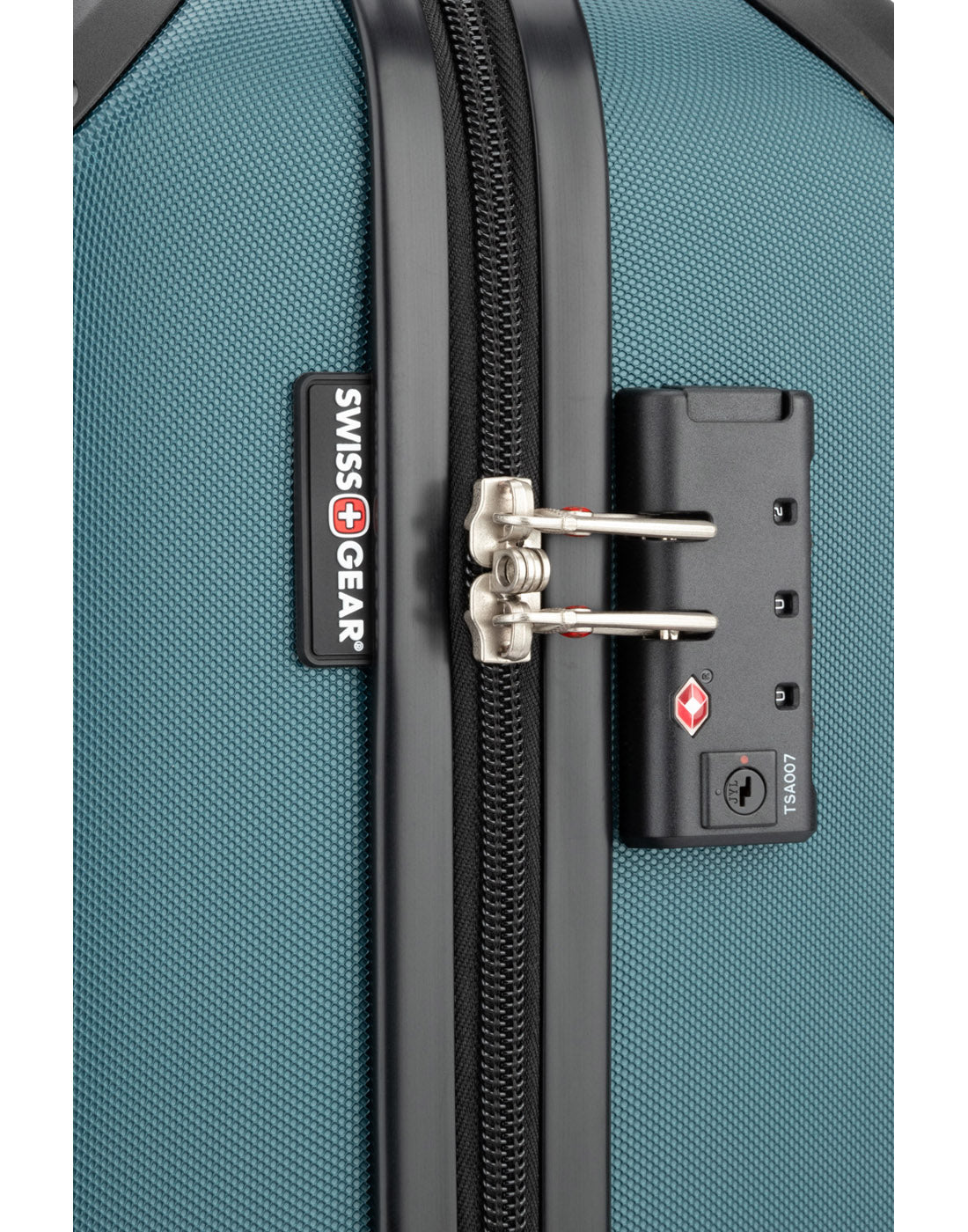 Close up of TSA lockable zipper pulls on Swiss Gear Central Lite 19" Hardside Carry-on Spinner in teal