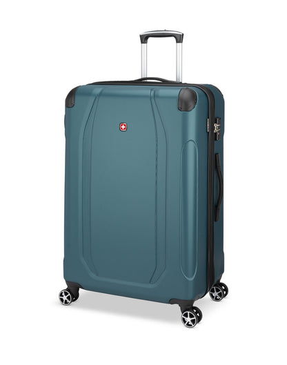 Swiss Gear Central Lite 28" Hardside Expandable Spinner in teal with black corner bumpers, zipper, wheels and grab handles, front angled view