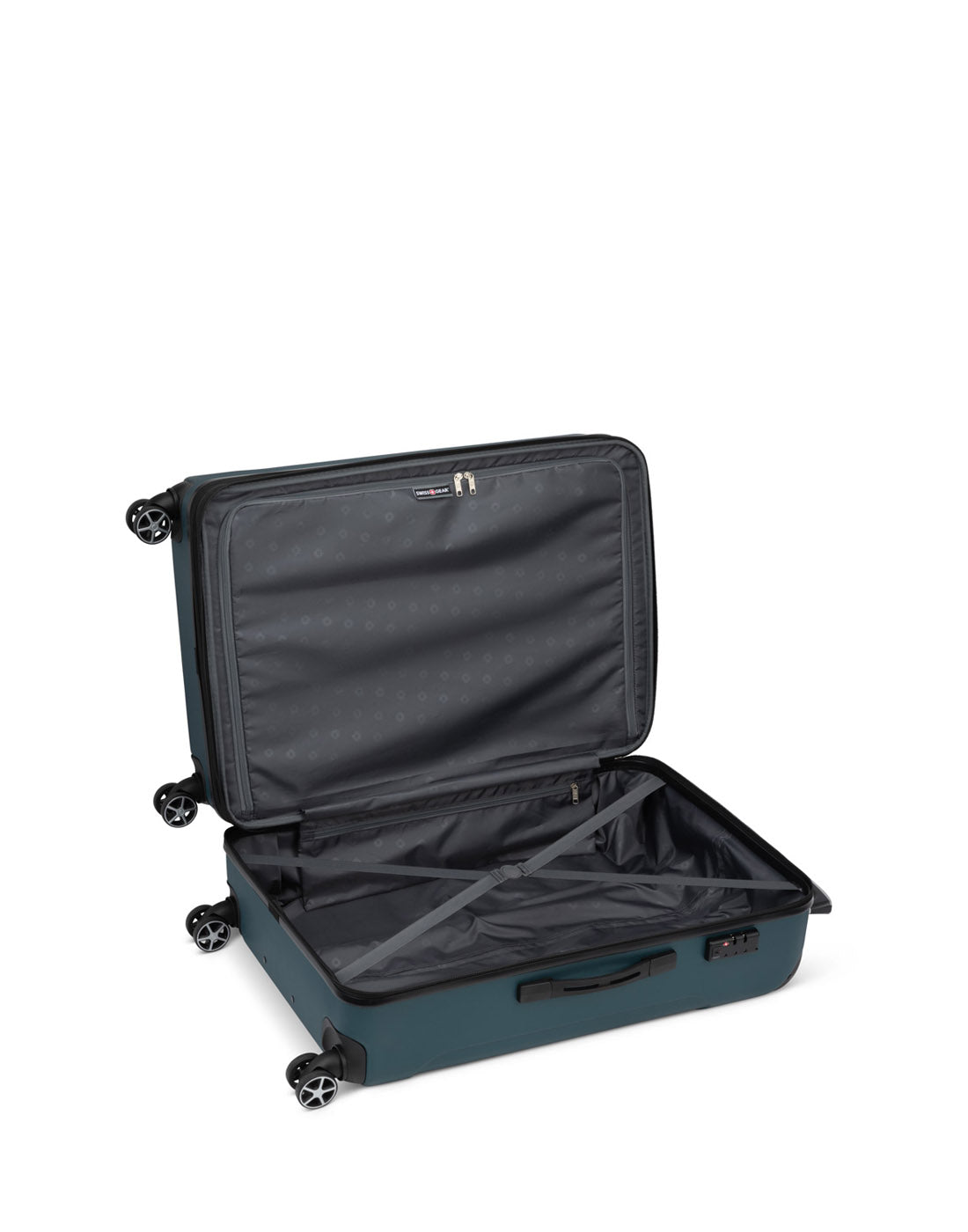 Swiss Gear Central Lite 28" Hardside Expandable Spinner in teal, open view to black lined interior