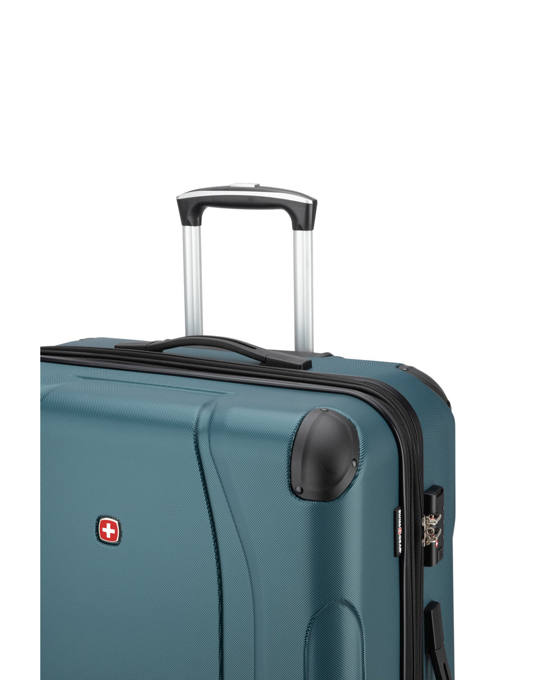 Close up of telescopic handle extended on Swiss Gear Central Lite 28" Hardside Expandable Spinner in teal