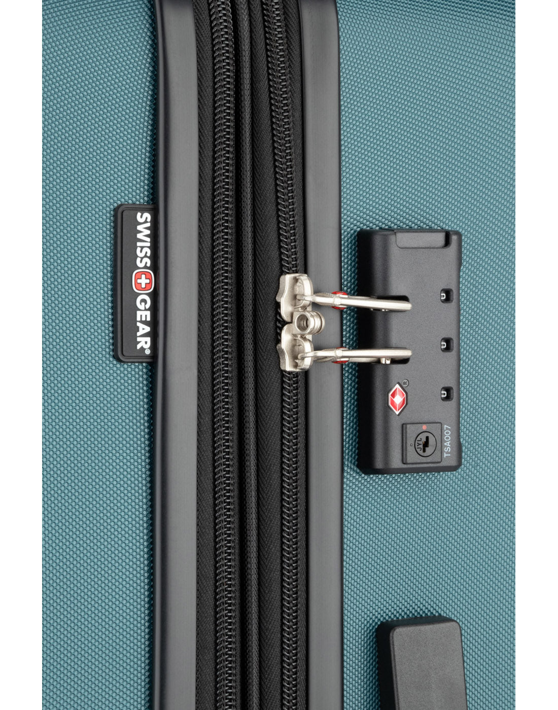 Close up of TSA lockable zippers on Swiss Gear Central Lite 28" Hardside Expandable Spinner in teal