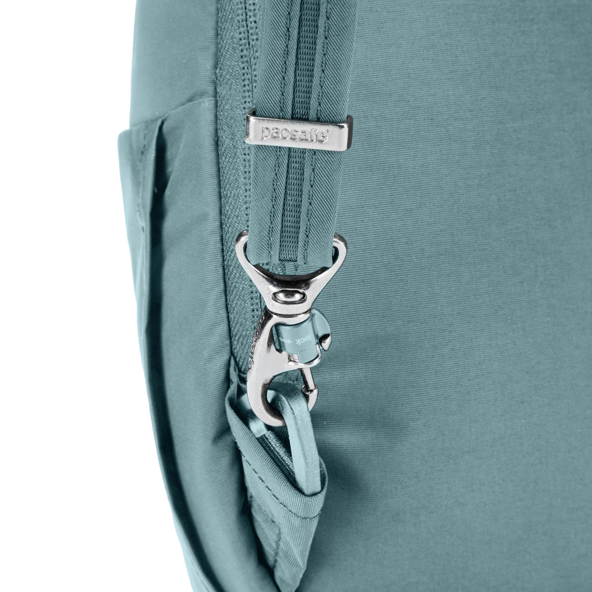 Close up of turn n lock clip on backpack strap