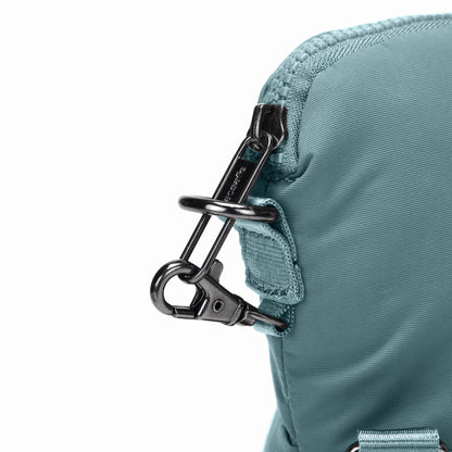 Close up of lockable zipper pull on fresh mint Pacsafe® CX Anti-Theft Convertible Crossbody