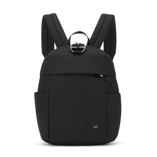 Product Image – The Pacsafe® CX Anti-theft 8L Backpack Petite is lightweight, black, crafted from regenerated nylon with padded straps.