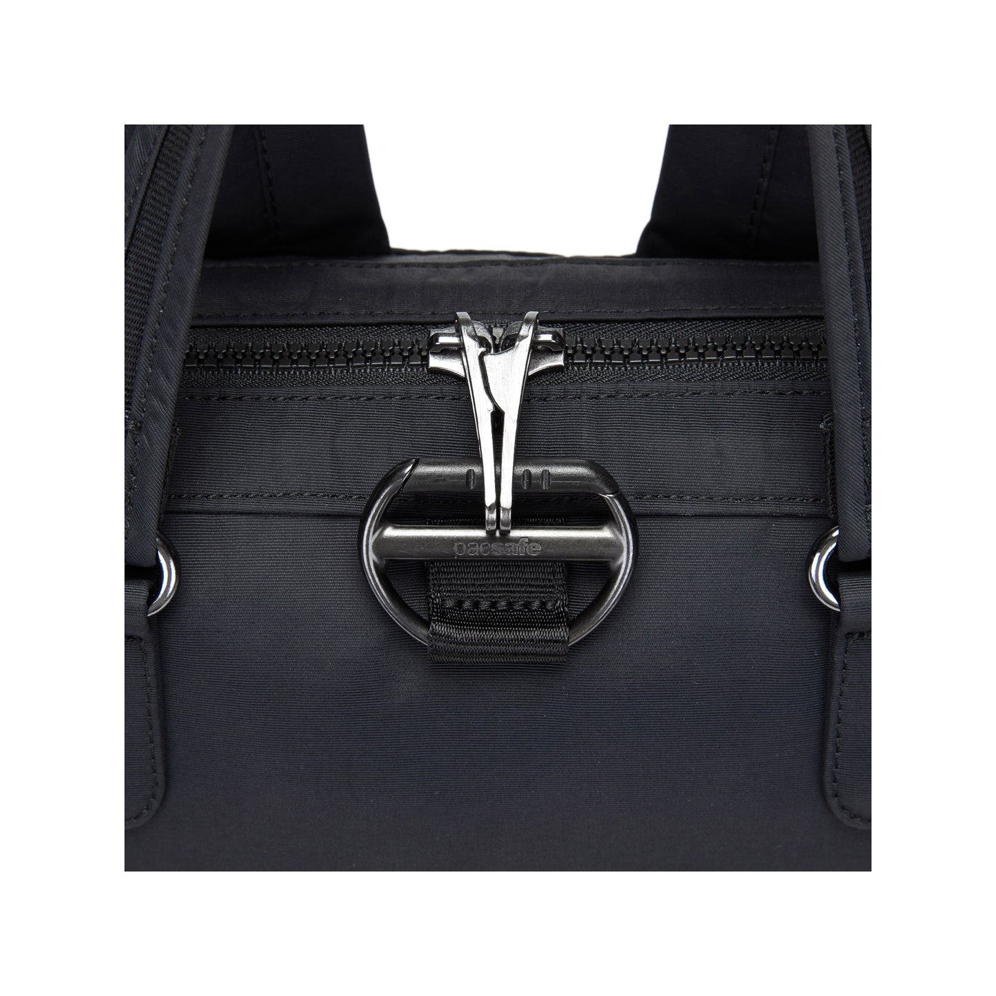 Close up of lockable zipper pulls on black Pacsafe® CX Anti-theft Mini Backpack