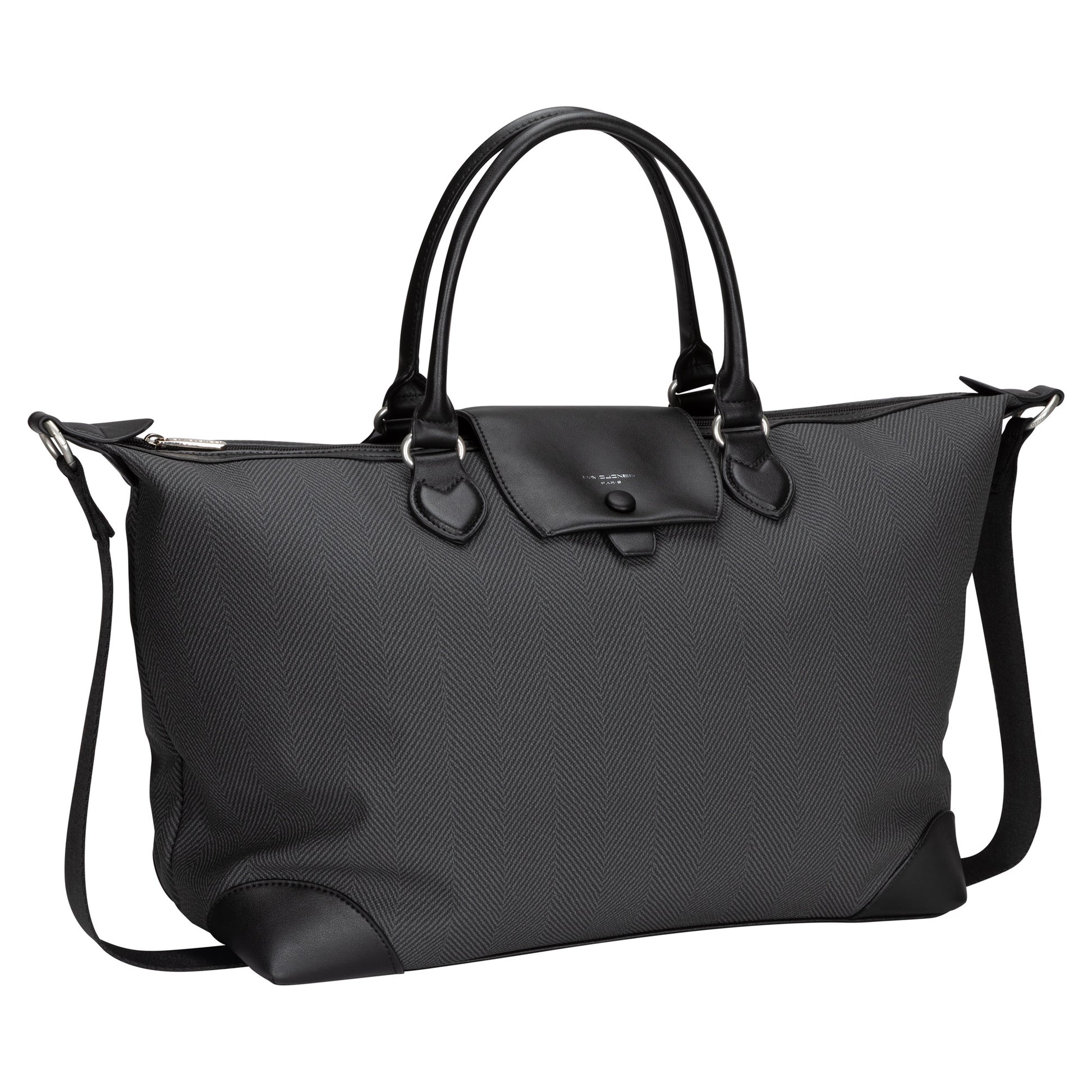 David Jones Weekender Bag in large black with dual handles, flap closure, and adjustable strap.