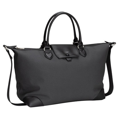 David Jones Weekender Bag in large black with dual handles, flap closure, and adjustable strap.