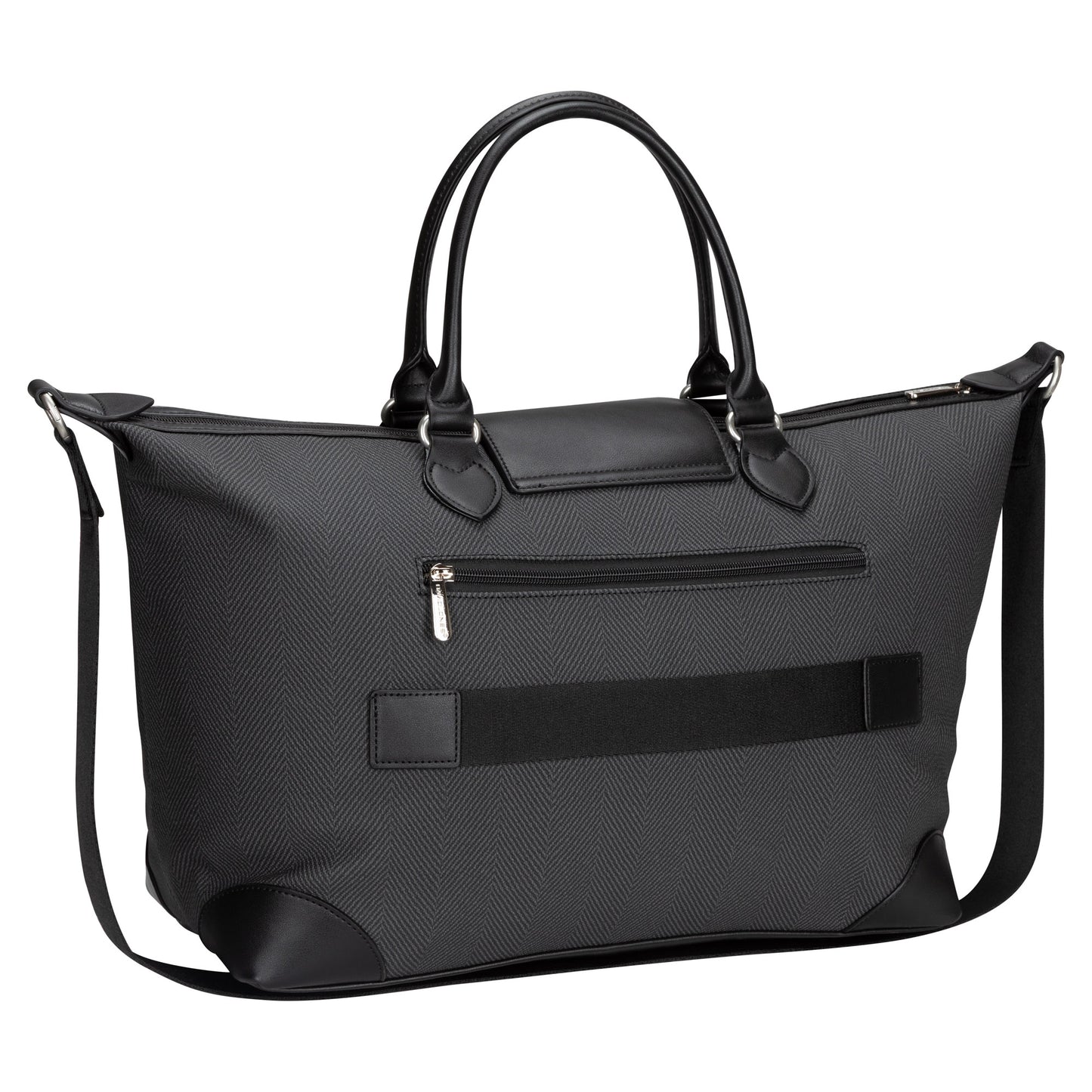 Black David Jones Weekender Bag with short handles, long strap, and a front zip pocket.