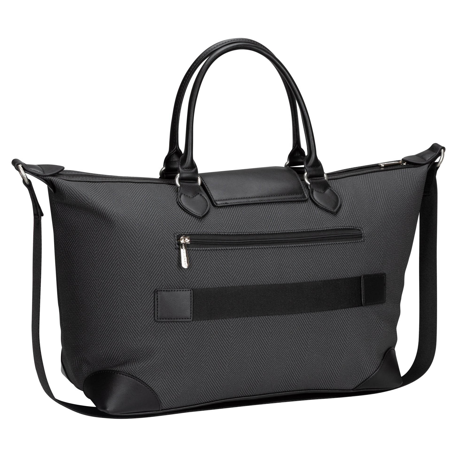 Black David Jones Weekender Bag with short handles, long strap, and a front zip pocket.