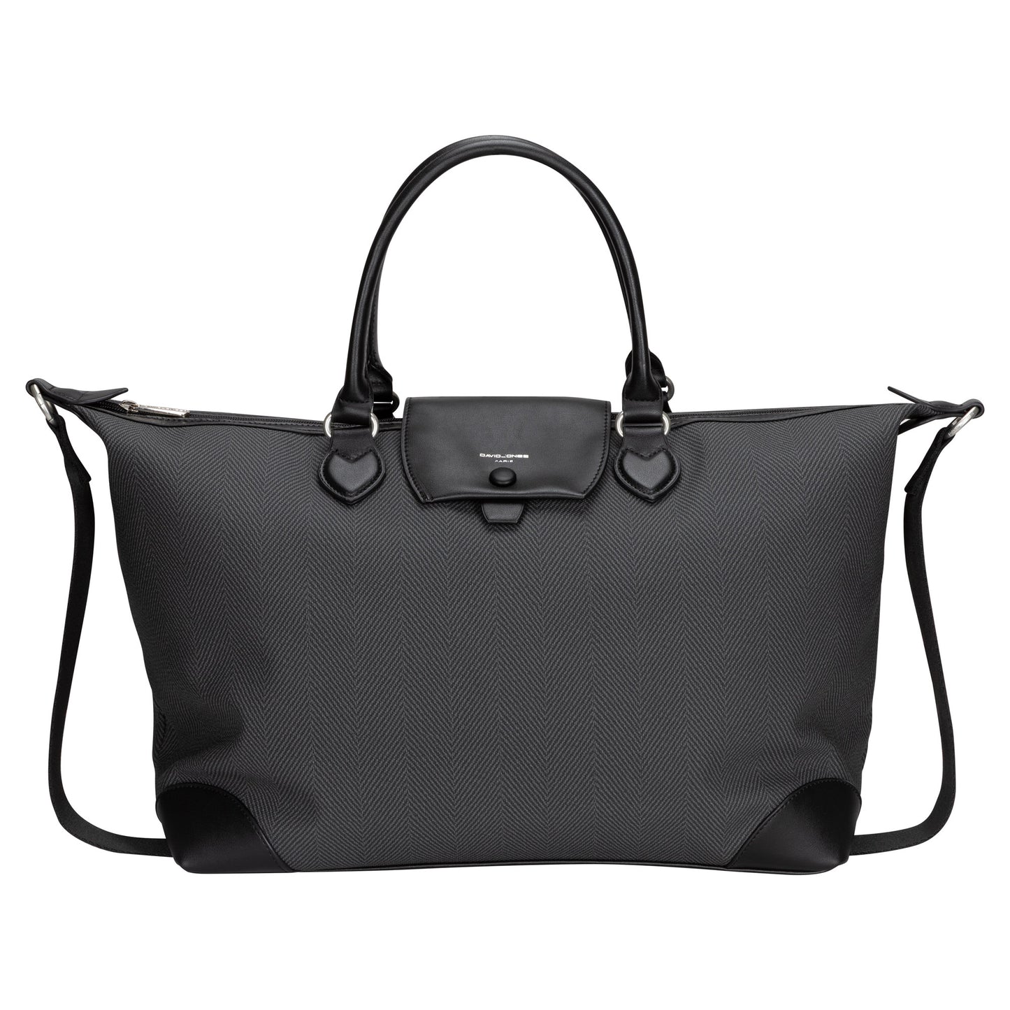 The David Jones Weekender Bag: large, black tote with handles, flap closure & adjustable shoulder strap.