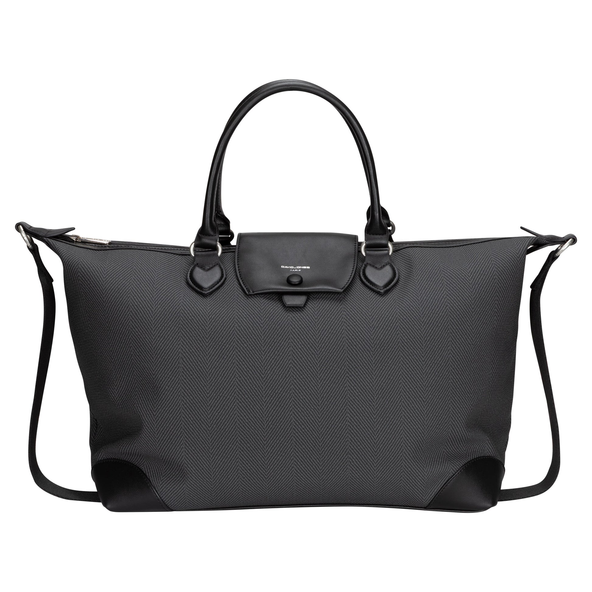 The David Jones Weekender Bag: large, black tote with handles, flap closure & adjustable shoulder strap.