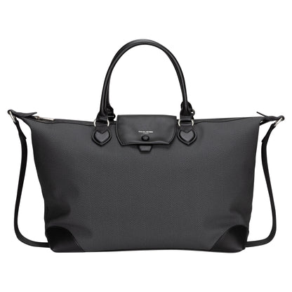 The David Jones Weekender Bag: large, black tote with handles, flap closure & adjustable shoulder strap.