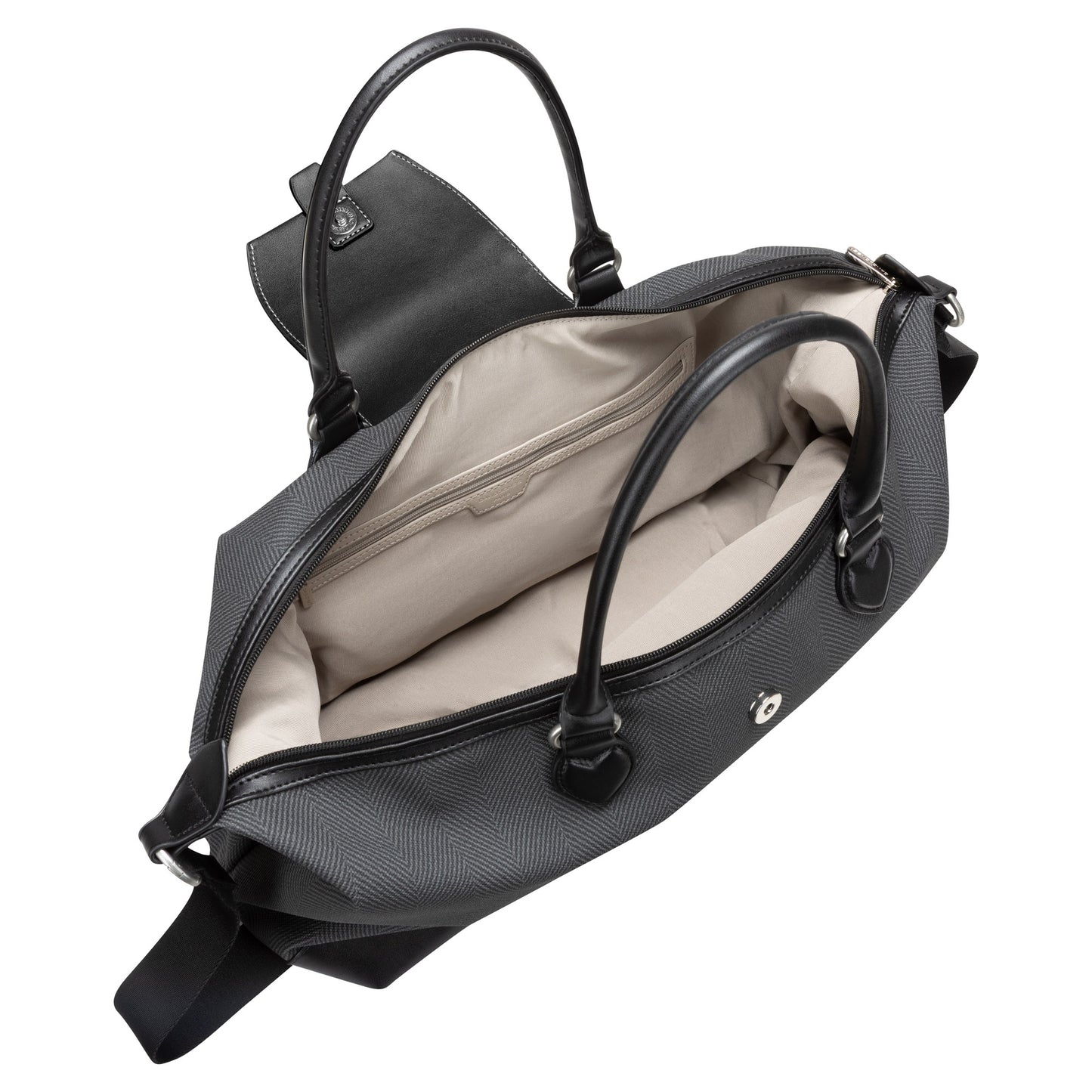 Black David Jones Weekender Bag with beige interior, two handles, inner zip pocket, and partially open flap.