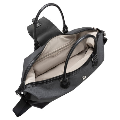 Black David Jones Weekender Bag with beige interior, two handles, inner zip pocket, and partially open flap.