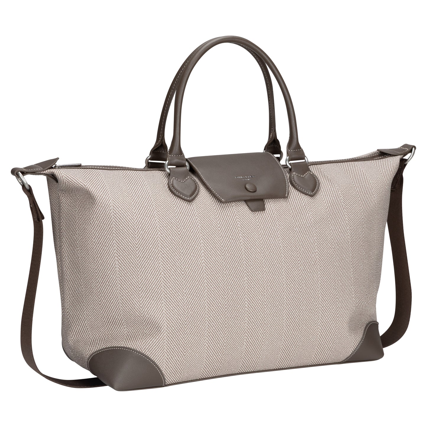 David Jones Weekender Bag in beige and brown with top handles, flap closure, and adjustable shoulder strap.