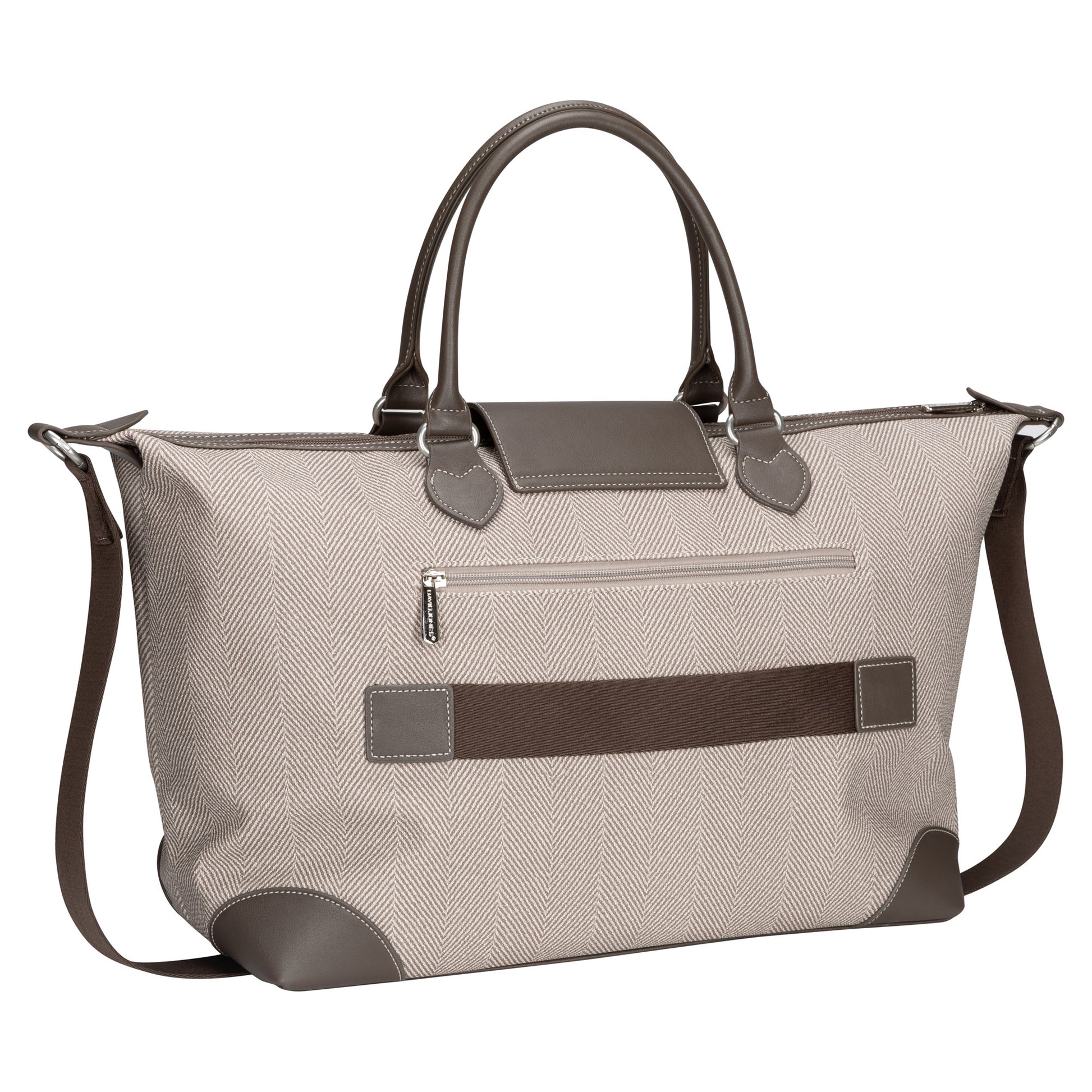 Large beige herringbone David Jones Weekender Bag with brown leather handles, trim, and front zip pocket.