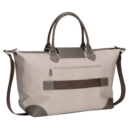 Large beige herringbone David Jones Weekender Bag with brown leather handles, trim, and front zip pocket.