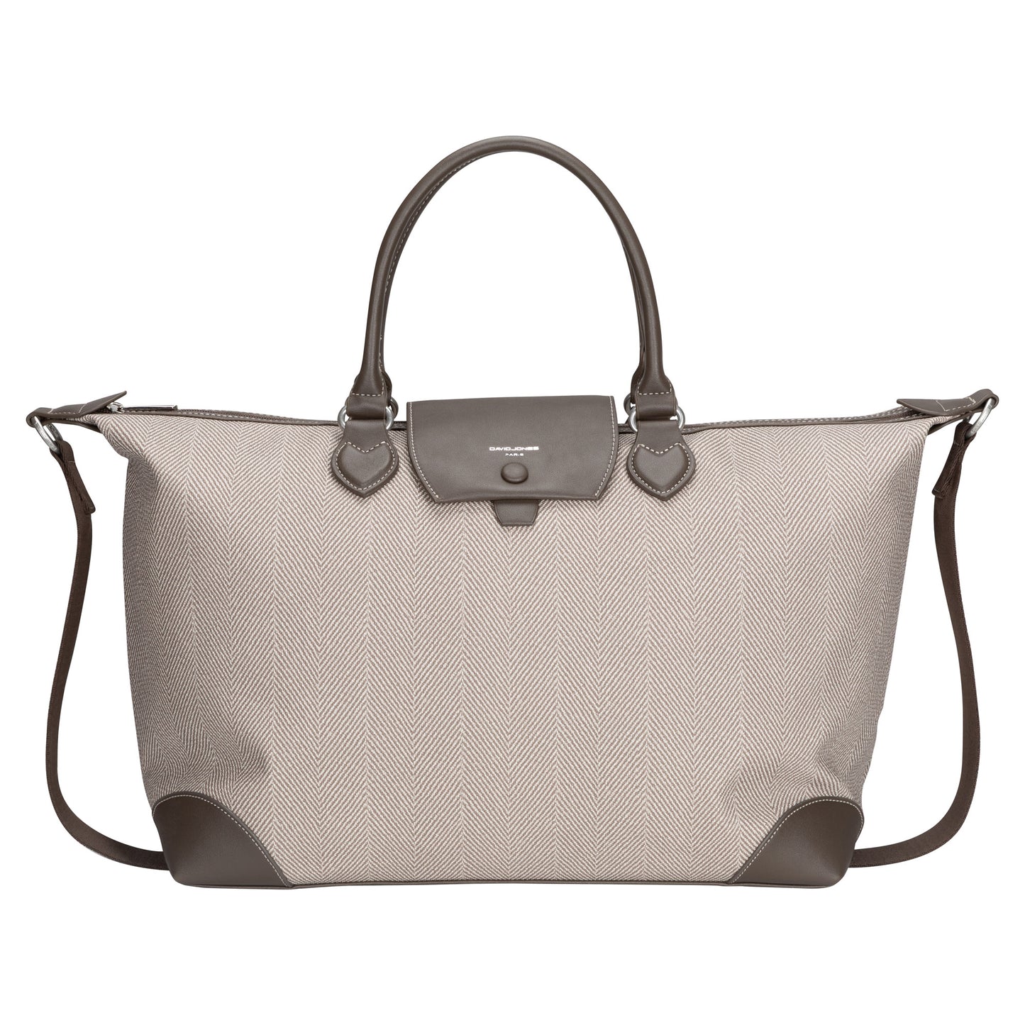 David Jones Weekender Bag in beige and brown with top handles, flap closure, and adjustable shoulder strap.