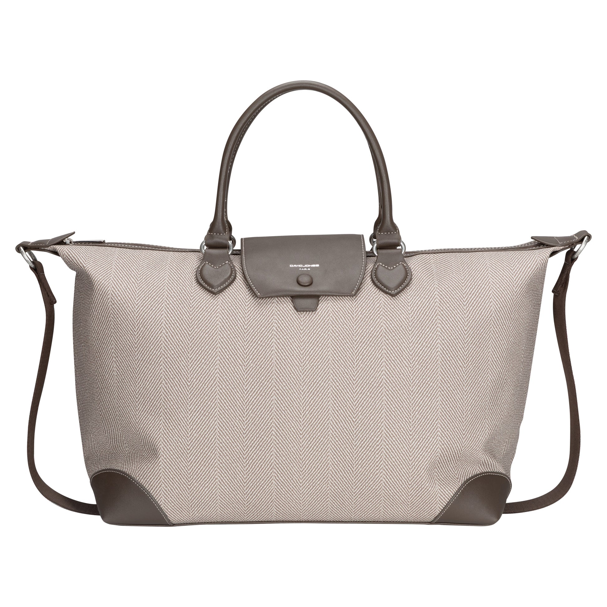 David Jones Weekender Bag in beige and brown with top handles, flap closure, and adjustable shoulder strap.