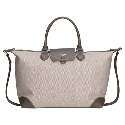 David Jones Weekender Bag in beige and brown with top handles, flap closure, and adjustable shoulder strap.