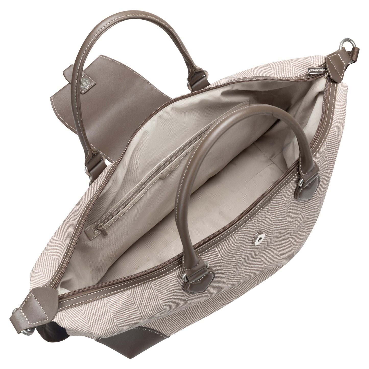 Open beige David Jones Weekender Bag with two handles, showing interior zipper pocket and main compartment.