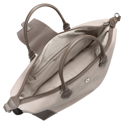 Open beige David Jones Weekender Bag with two handles, showing interior zipper pocket and main compartment.