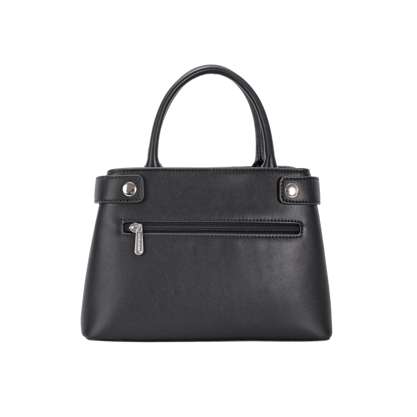 David Jones Satchel Handbag in black faux leather with short handles and front zipper pocket, by David Jones.
