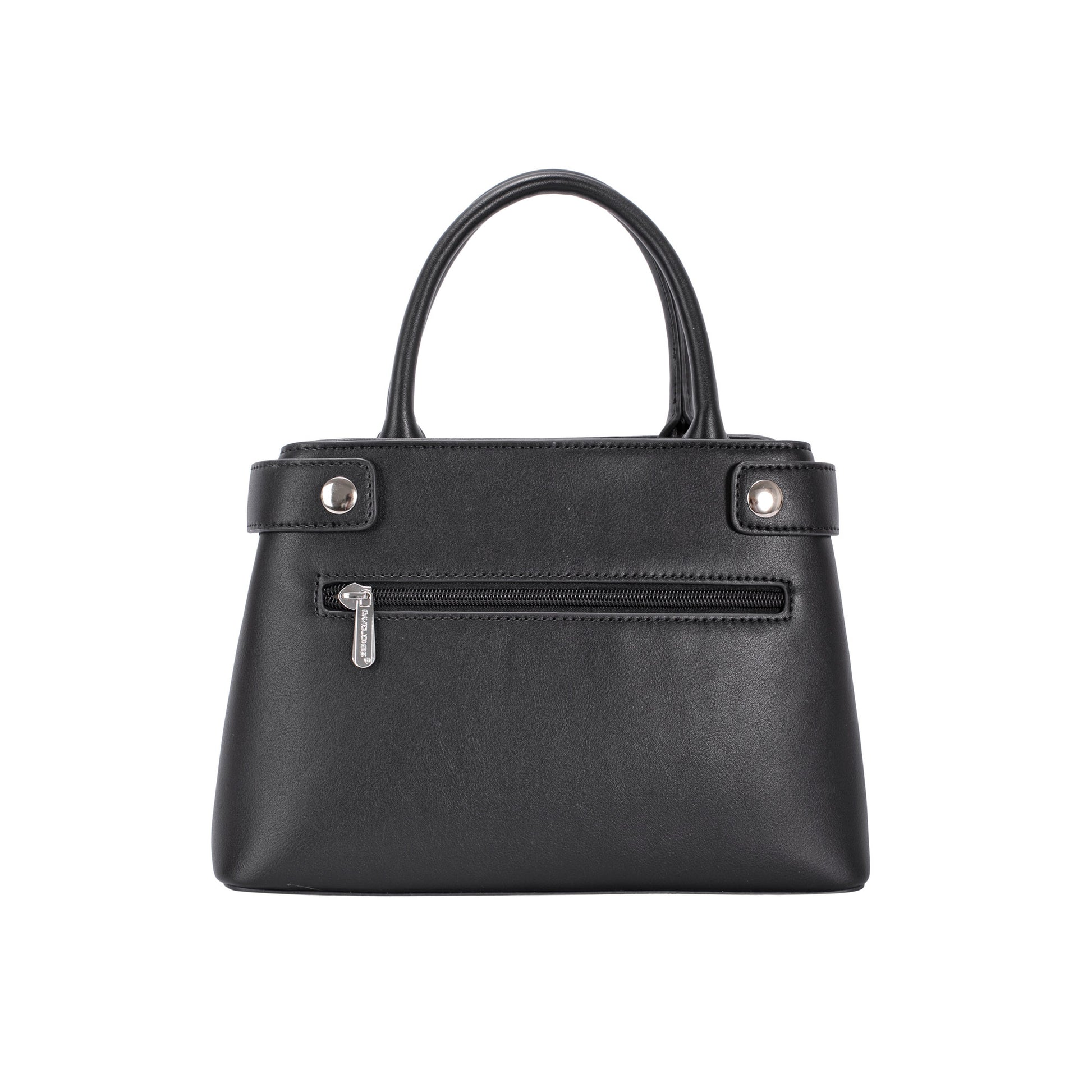 David Jones Satchel Handbag in black faux leather with short handles and front zipper pocket, by David Jones.