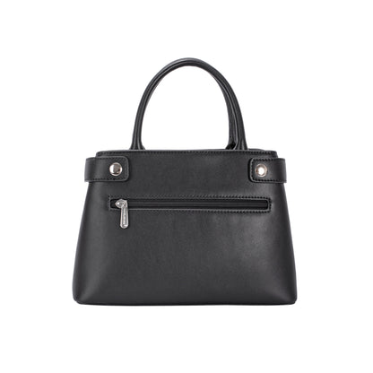David Jones Satchel Handbag in black faux leather with short handles and front zipper pocket, by David Jones.
