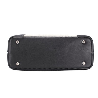 Bottom view of David Jones Satchel Handbag in black with four metal feet and edge stitching.