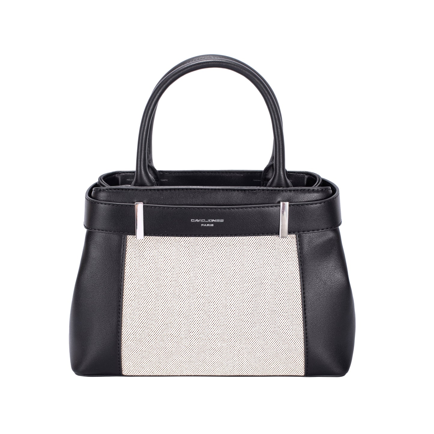 David Jones Satchel Handbag in black and white faux leather with dual handles and a textured front panel.